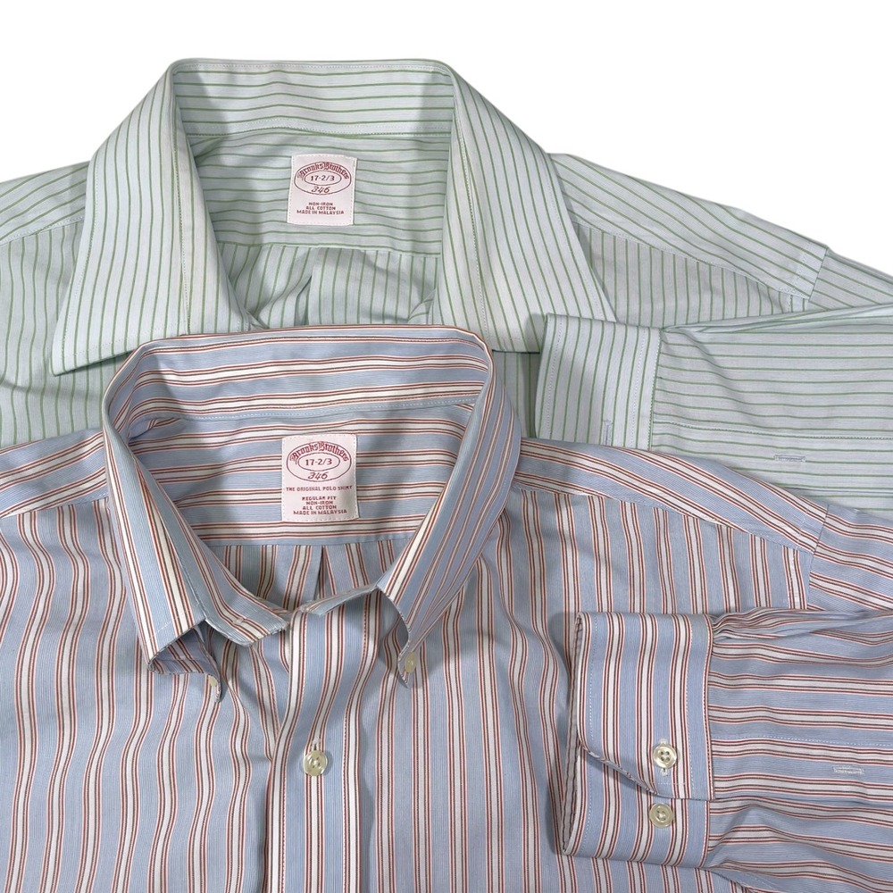 2pk Brooks Brothers 17-2/3 Blue Green Striped Button Down Shirts Preppy STAIN‎